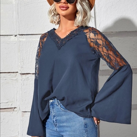 Boho white  lace insert V neck blouse - Picture 14 of 16